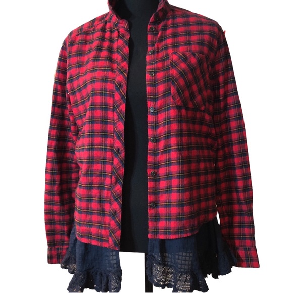 BDG Louie Flannel Plaid Lace Layered Red & Blue shacket XS - Picture 1 of 11